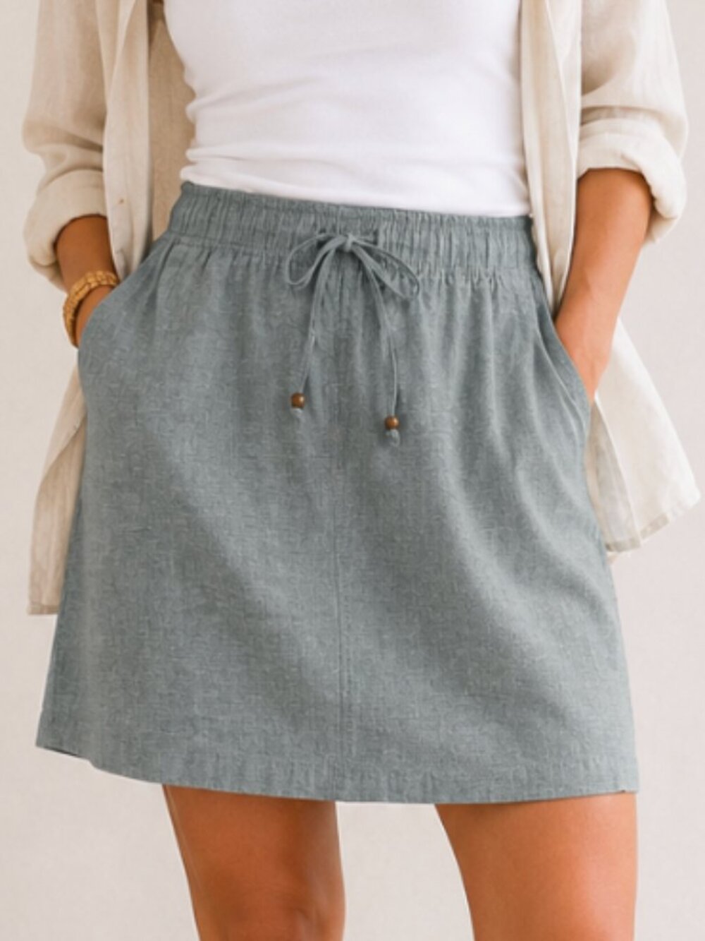 Linen-Cotton Blend Mini Cotton Lined A-Line Skirt, Green-Gray, sz XL, Coastal